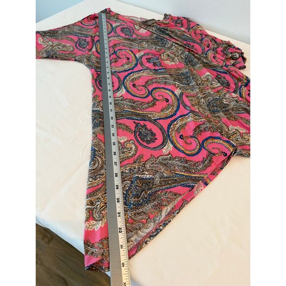 Womens XL Boho Pink Paisley Short Cold Shoulder Oversized Slinky Tunic Top XL - Picture 7 of 9